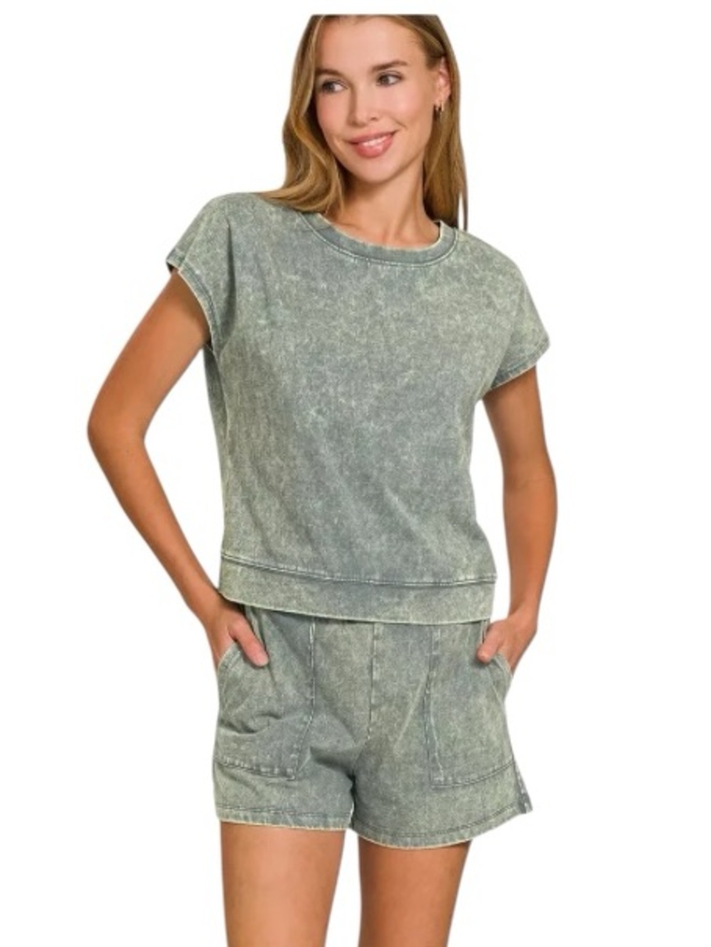 ZENANA PREMIUM COTTON WASHED SLEEVELESS TOP & SHORTS SET light olive